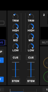 Captura real de Rekordbox con TRIM, HIGH, MID, LOW y botones STEM